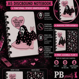 May include: A digital 3MF file for a 3D printed A5 discbound planner. The cover features a black and pink illustration of a masked figure with the text, "SO... WHAT'S YOUR FAVORITE SCARY MOVIE" inside a heart. Includes front and back cover designs.