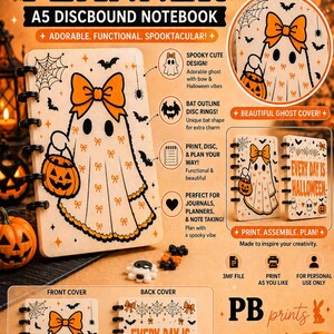 May include: A digital 3MF file for 3D printing an A5 discbound notebook featuring a ghost with an orange bow holding a pumpkin bucket. The cover design includes spiderwebs, bats, and the text Every Day Is Halloween. Includes bat-shaped discs.