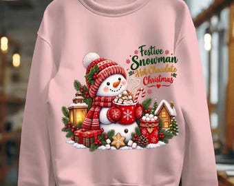 Feestelijke kersthoodie met sneeuwpop en warme chocolademelk, winterse koffiemokken, sweatshirt, gezellige trui met kerstsnoepjes, kerstcadeau voor dames
