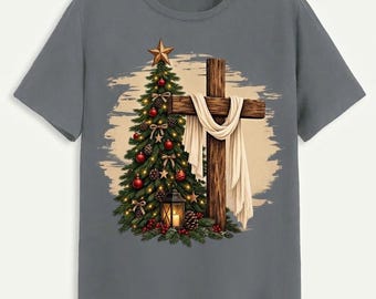 Christelijke kerst PNG, rustieke kerstboom met kruis, sublimatieontwerp met geloofsthema, religieus kerstshirt PNG-lantaarn