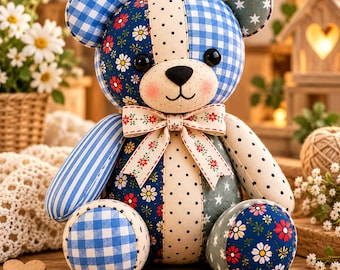 Patroon voor een herinneringsbeer (PDF), naaipatroon voor een patchwork teddybeer, handleiding voor een herinneringsbeer, patroon voor een stoffen beer, zelfgemaakt pluche speelgoed, digitale download