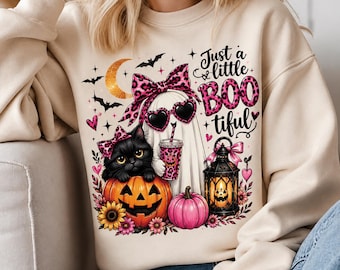 Een schattige Halloween-clipart in PNG-formaat | Leuk spookje, heks, zwarte kat, pompoen | Luipaardprint | Digitale download | Sublimatie