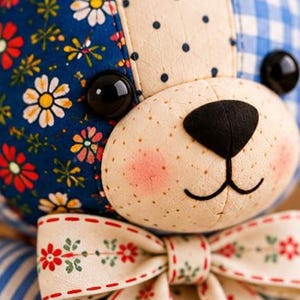 May include: A plush bear toy featuring a patchwork design with blue fabric adorned with red and white flowers, cream fabric with black polka dots, and blue and white gingham. It has black button eyes, a black nose, and a cream bow with floral print.