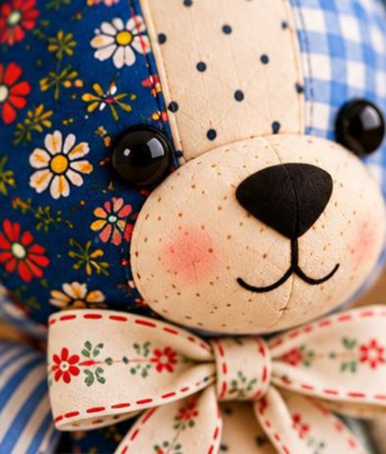 May include: A plush bear toy featuring a patchwork design with blue fabric adorned with red and white flowers, cream fabric with black polka dots, and blue and white gingham. It has black button eyes, a black nose, and a cream bow with floral print.