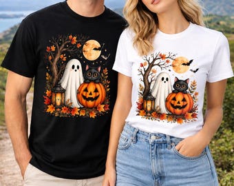 Halloween spookpompoen PNG, griezelig herfst sublimatieontwerp, zwarte kat Halloween T-shirt PNG, vintage Halloween digitale download