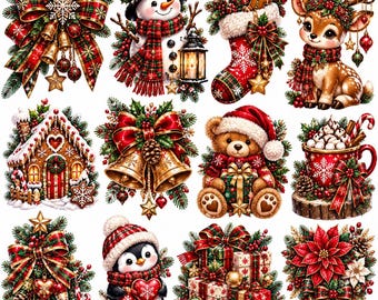 Kerstclipartbundel PNG, 12 traditionele kerstillustraties, sneeuwpop, rendier, teddybeer PNG-set, vakantieclipartpakket om te downloaden