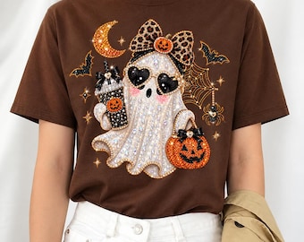Bling Halloween spook clipart PNG, spook met strass zonnebril en pompoen PNG, glitter Halloween sublimatie design