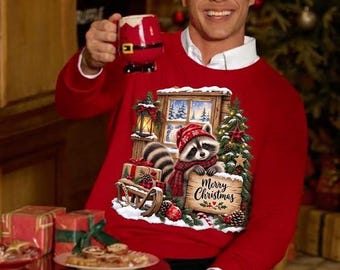 Kerstwasbeer PNG, schattige wasbeer clipart, vrolijk kerstontwerp met sublimatieprint, kerstshirt met bosdieren PNG-bord