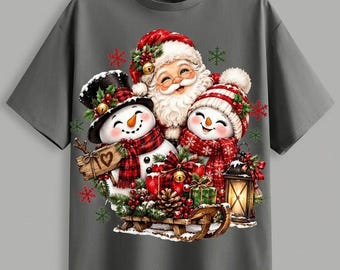 Clipart van een kerstman en sneeuwpop met familie (PNG), ontwerp van een kerstslee met sublimatieprint, geruite kerstsneeuwpop (PNG), vintage kerstman/winter T-shirt met clipart