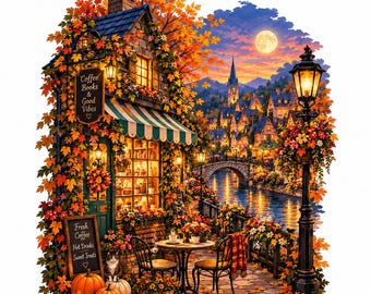 Gezellige herfstkoffiehuis clipart PNG, herfstboekhandel dorp illustratie, herfstcafé muurdecoratie print, cottagecore herfststad digitale download