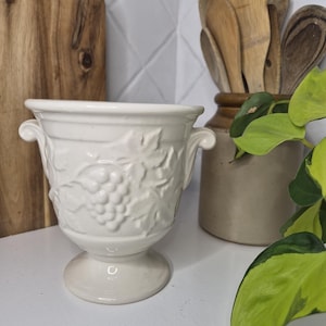 May include: A white ceramic planter featuring a raised relief design of grape clusters and leaves on the exterior. The vessel has a flared rim, two small scroll-shaped handles on the sides, and a circular pedestal base for stability.
