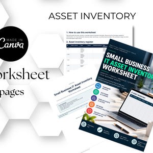 May include: A three-page Small Business IT Asset Inventory Worksheet digital download. The document features sections for hardware, software, user accounts, and network infrastructure, with a clean layout and clear headings for tracking business assets.