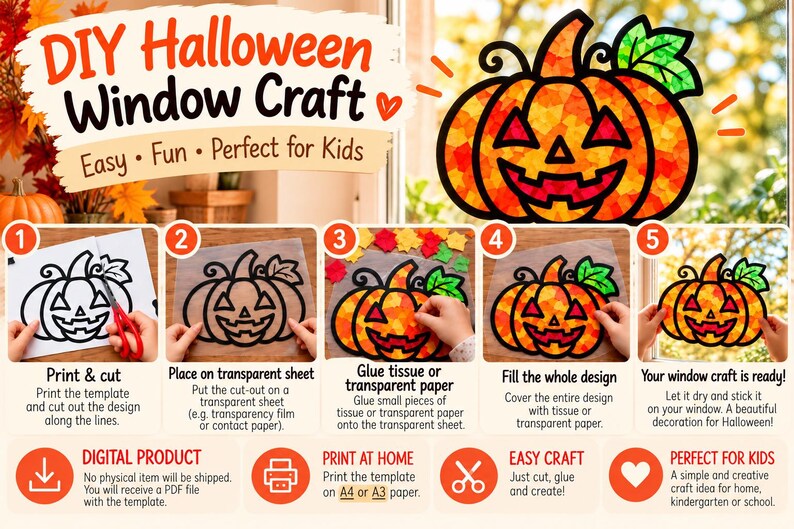Pumpkin Craft Printable, Paper Collage Craft for Kids, Halloween ...