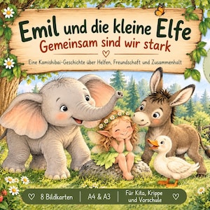 Peut inclure: Un ensemble de cartes d'histoire Kamishibai intitulé Emil und die kleine Elfe Gemeinsam sind wir stark représentant un éléphant gris, une petite fée, un âne brun et un canard blanc dans une forêt avec du texte et des panneaux en bois.