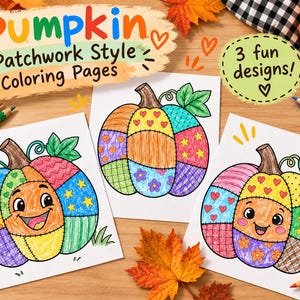 May include: Three coloring pages featuring pumpkin illustrations in a patchwork style. Each pumpkin is divided into sections with various patterns like hearts, stars, and flowers, colored in bright hues. The text reads Pumpkin Patchwork Style Coloring Pages.