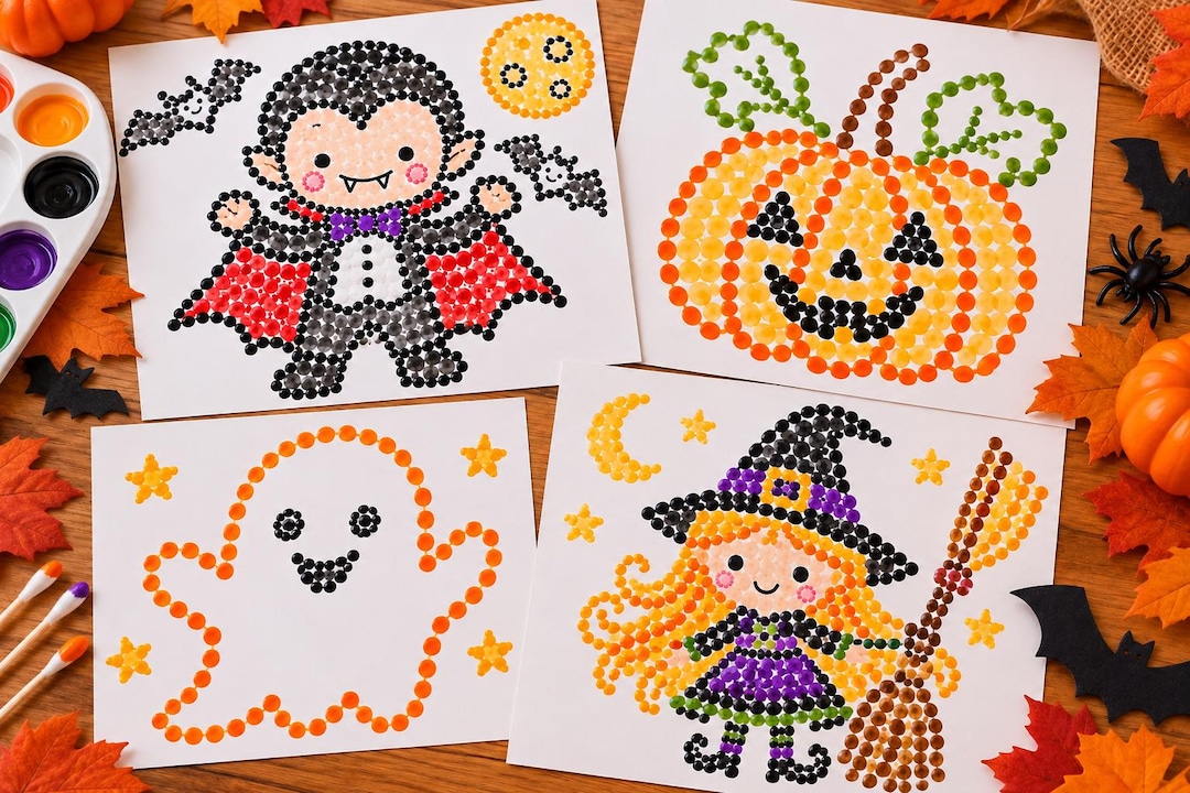 Halloween Dot Painting Templates for Kids, 4 Printable Q-tip Painting