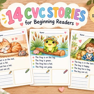 Può includere: Tre schede didattiche intitolate 14 CVC Stories for Beginning Readers. Ogni pagina presenta un'illustrazione colorata di un gatto, una rana o un bambino in una tenda, accompagnata da frasi semplici, una riga per il nome e spazio per scrivere.