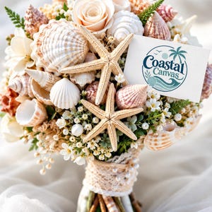 May include: A bouquet featuring assorted seashells, two starfish, small white flowers, and a pale rose, wrapped with lace and pearls. A white rectangular card is tucked into the arrangement, displaying the text Coastal Canvas with a palm tree logo.