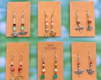 One-of-One Asymmetrical Bug Earrings | Natural Stone, Czech Glass, Bee Butterfly Dragonfly Jewelry