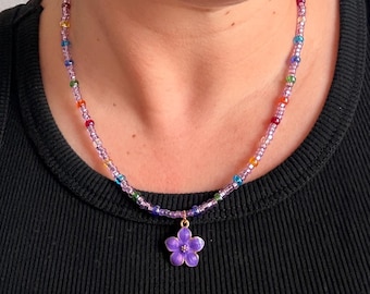 Fairy Garden Collection - Handmade lavender rainbow beaded layering necklace with flower pendant