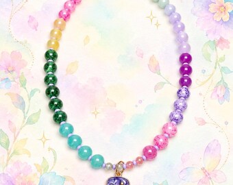 Fairy Garden Collection - Handmade whimsy rainbow floral scene beaded necklace