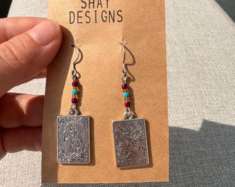Celestial Visions handmade hypoallergenic titanium statement drop beaded tarot cards The World &  The Lovers earrings