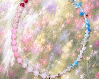 Fairy Garden Collection - Handmade mixed gemstones beaded necklace, floral heart locket pendant