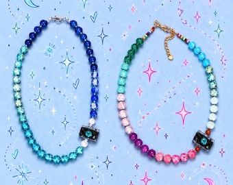 Handmade Whimsy Czech Glass Beaded Necklace, Analog Camera Pendant, Photography Lover Gift