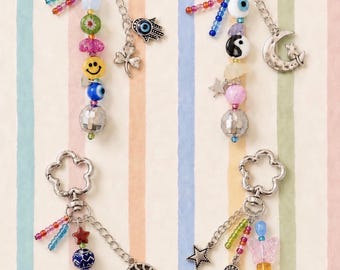 Dopamine Dreams Boho Keychain – Czech Glass, Ceramic, Stones (One-of-a-Kind), Smiley Face, Disco Ball, Butterfly