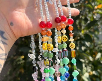 Handmade Mixed Bead Necklace – Natural Stones, Ceramic, Glass, Y2K Smiley Face (15" Length)