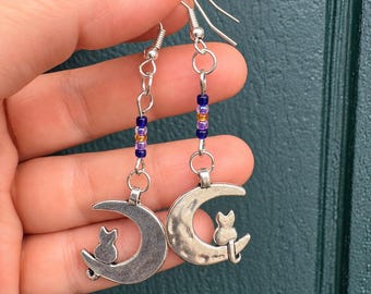 Celestial Visions handmade statement drop beaded moon cat earrings