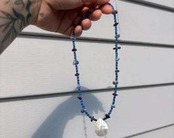 Of The Earth Collection - Handmade beaded necklace, natural stones and gems, mother of pearl pendant