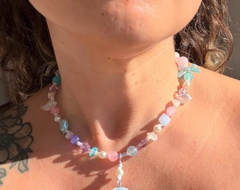 Handmade Mermaid Necklace, Natural Gemstones, Opalite Pendant, Boho Jewelry