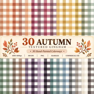 Pack de papiers numériques vichy d'automne, motifs à carreaux texturés peints à la main, 30 couleurs pour scrapbooking, carnets et agendas (usage commercial).