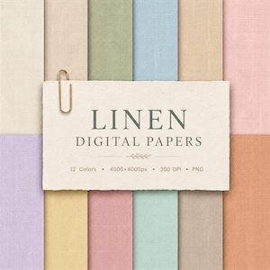 Op de afbeelding: Een collectie van twaalf digitale linnen textuurpapieren in diverse pastelkleuren, voorzien van een crèmekleurige kaart met een gouden paperclip en de tekst LINEN DIGITAL PAPERS, 12 Colors, 4000x4000px, 300 DPI, PNG, gerangschikt in een raster.