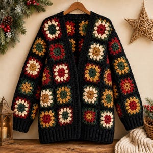 Modello per cardigan all'uncinetto "Grandma Square" per le feste, PDF per maglione festivo all'uncinetto, PDF per cardigan festivo, PDF per giacca all'uncinetto a blocchi di colore.