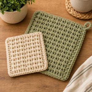 Puede incluir: Dos agarraderas cuadradas de ganchillo con un patrón de puntos texturizados. Una agarradera es de color verde salvia claro con un pequeño lazo en la esquina, y la más pequeña es de color crema sólido. Ambas piezas están tejidas con hilo grueso.