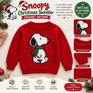 Könnte beinhalten: Ein roter Häkelpullover mit einem weißen und schwarzen Beagle-Motiv, das einen grünen Schal trägt, auf der Brust. Der Pullover hat einen Rundhalsausschnitt, lange Ärmel mit gerippten Bündchen und einen gerippten Saum. Text beinhaltet: Snoopy Christmas Sweater.