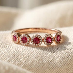 Multi-Stone Red Ruby Ring / 14k Rose Gold Five-Stone Halo Band / Vintage-Style Gemstone Statement Ring / July Birthstone Present Gift Her