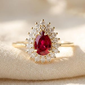 Pear Red Ruby Engagement Ring / 14k Yellow Gold Cluster Halo Ring / Teardrop Gemstone Proposal Ring / Vintage Style Fine Gold Gift For Her