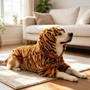 トラの犬用コスチューム、耳付きトラ柄ペット用パーカー、面白い大型犬用トラ衣装、暖かいジャングルテーマのペット服、大型犬用ハロウィンパーカー装飾。