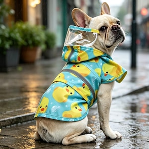 May include: A light-colored French Bulldog wearing a bright turquoise dog raincoat featuring a yellow rubber duck pattern and a clear plastic hood visor. The waterproof jacket includes reflective silver trim strips across the back and hood.