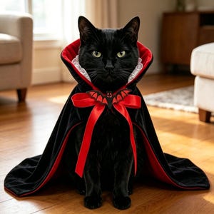 Könnte beinhalten: Eine schwarze Katze trägt einen schwarz-roten Samtumhang mit hohem Kragen, weißem Rüschenbesatz und einer roten Satinschleife mit einem schwarzen Fledermaus-Emblem am Hals. Der Umhang liegt über den Schultern und der Brust der Katze.