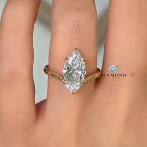 Trouwring met 3 karaat marquise geslepen diamanten moissanite, marquise geslepen chevron pavé band, solitaire ring van massief 14 karaats goud met verborgen halo en gebogen band.
