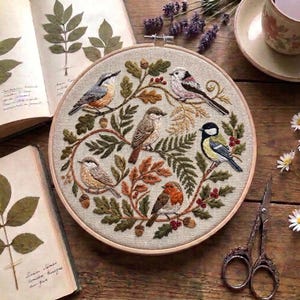 Könnte beinhalten: Ein runder Stickrahmen mit einem detaillierten Stickmotiv von fünf kleinen Vögeln, die auf verschlungenen Zweigen mit grünen Blättern, braunen Eichenblättern, Eicheln und roten Beeren auf einem hellbeigen Stoff sitzen.