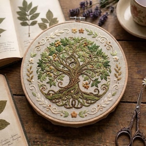 May include: A circular embroidery hoop containing a beige fabric panel with a detailed hand-stitched tree design. The tree features a brown trunk and branches with green leaves and small yellow accents, surrounded by a decorative floral border.