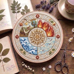 May include: A circular embroidery hoop featuring a central sun motif surrounded by four quadrants representing earth, fire, water, and air. The design includes detailed stitching of mountains, flames, ocean waves, and swirling wind patterns on fabric.