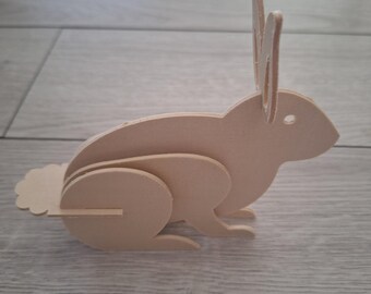 Easy Wooden 3D Rabbit Puzzle with Box | Easter Bunny Model Kit to Paint, Children's Room & Table Decor, DIY Creative Kit