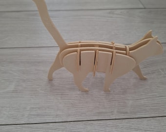 3D Wooden Cat & Feline Puzzle with Box, PLA Model Kit, Puma Silhouette to Assemble, DIY Puzzle to Paint or Leave Unpainted, Gift for Cat Lovers