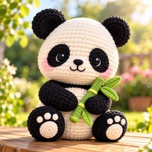 Peut inclure: Une peluche panda crochetée en fil crème et noir. Le panda présente de larges taches noires autour des yeux, des oreilles rondes noires et des joues rosées. Il tient une petite tige de bambou crochetée verte avec trois feuilles.
